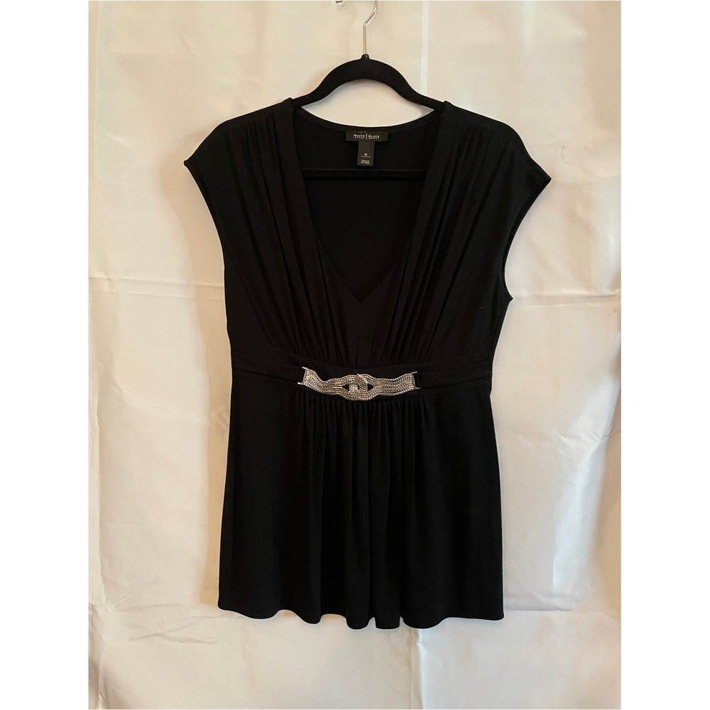 White House Black Market Black V-Neck Cap Sleeve Top with Decorative Belt